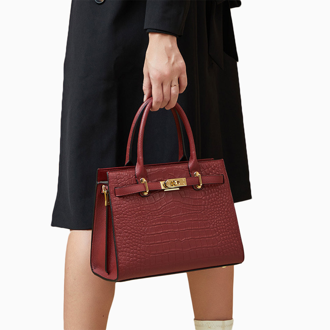 Croc Embossed Top Handle Turn Lock Structured Tote Bag