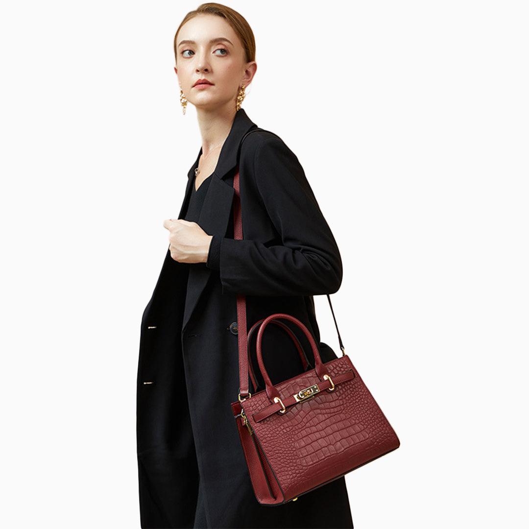 Croc Embossed Top Handle Turn Lock Structured Tote Bag