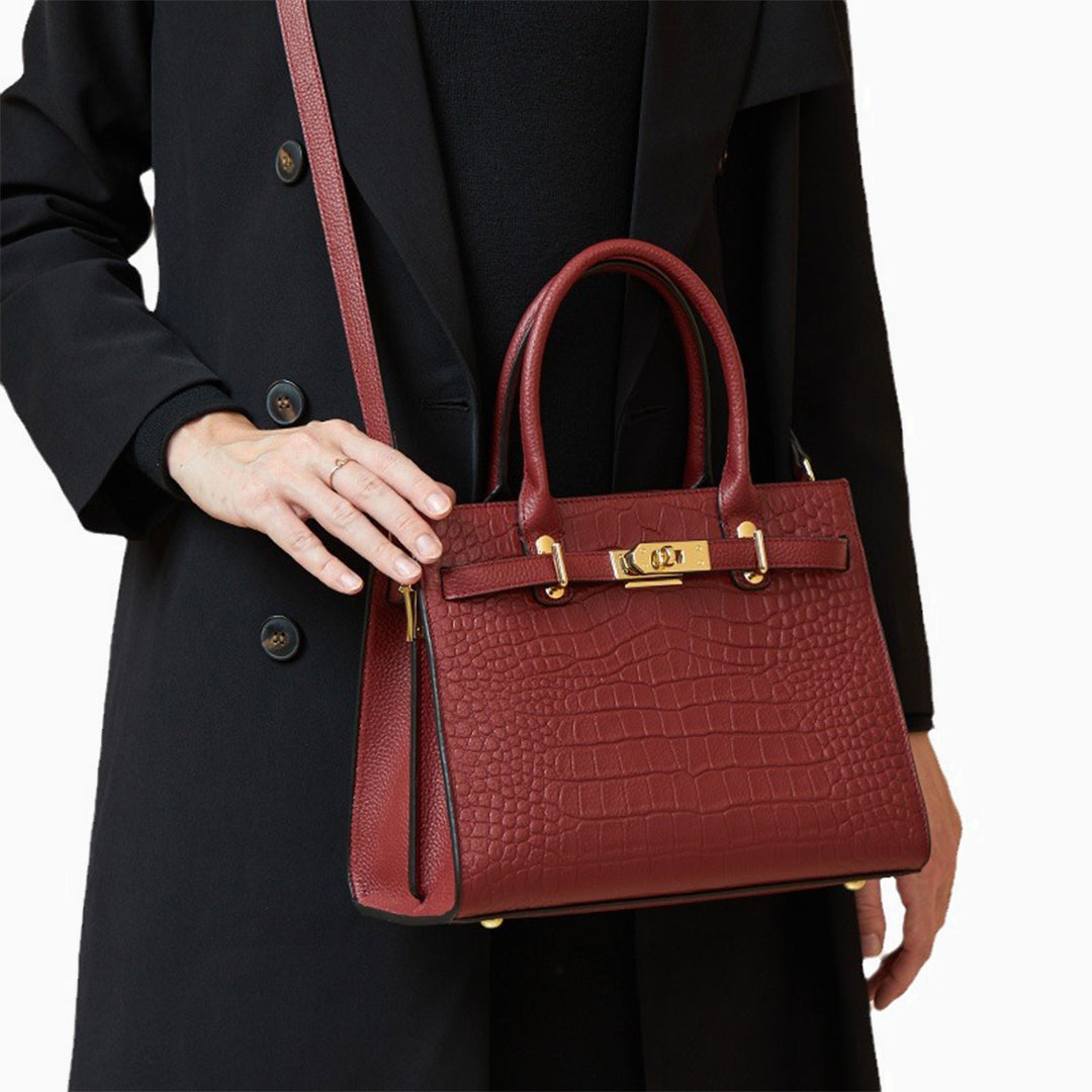 Croc Embossed Top Handle Turn Lock Structured Tote Bag