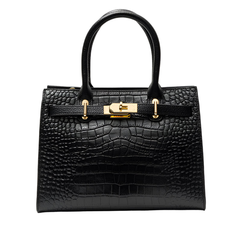 Croc Embossed Top Handle Turn Lock Structured Tote Bag