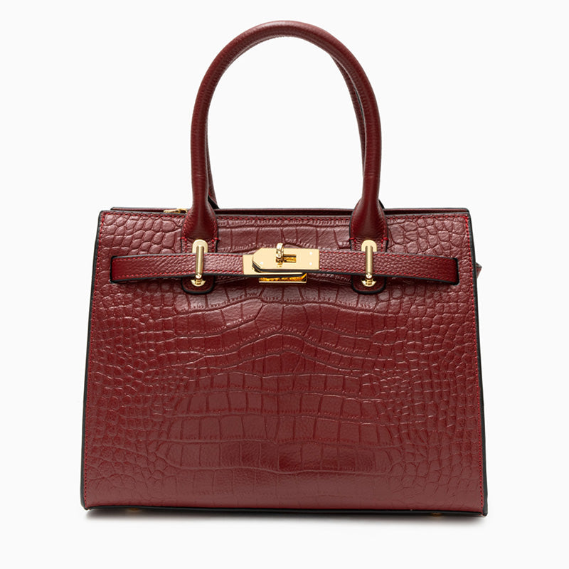 Croc Embossed Top Handle Turn Lock Structured Tote Bag