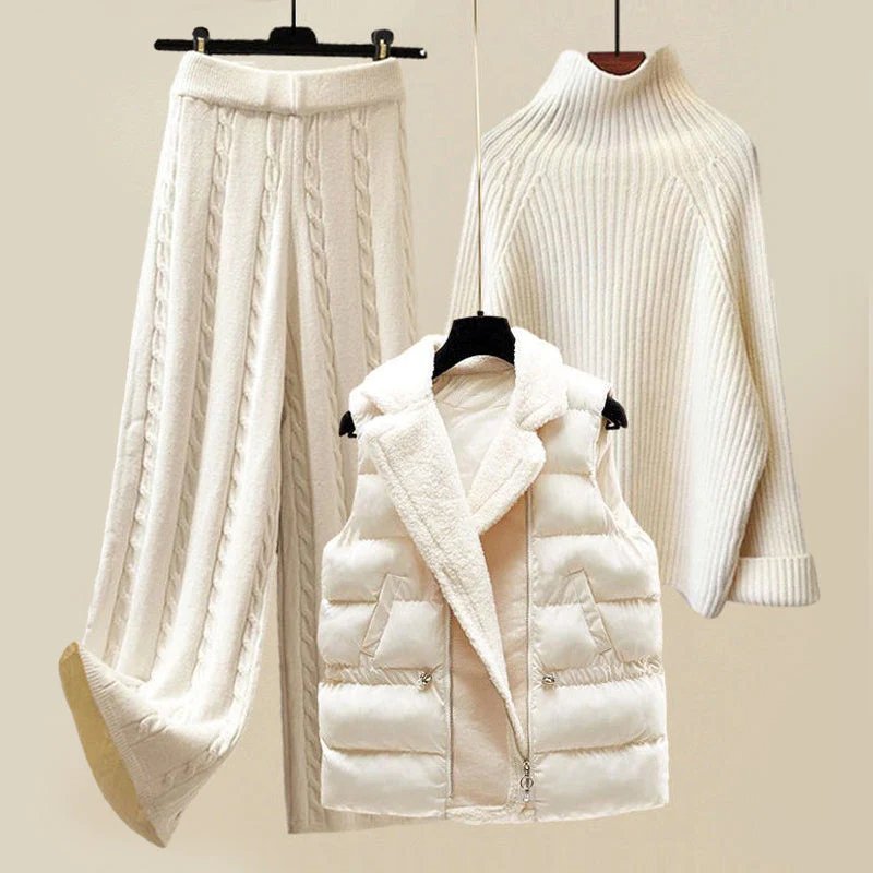 Turtleneck Sweater Cable Knit Wide Leg Pants and Puffer Vest Three Piece Set