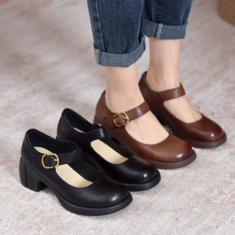 Round Toe Buckle Strap Platform Block Heel Mary Jane Pumps