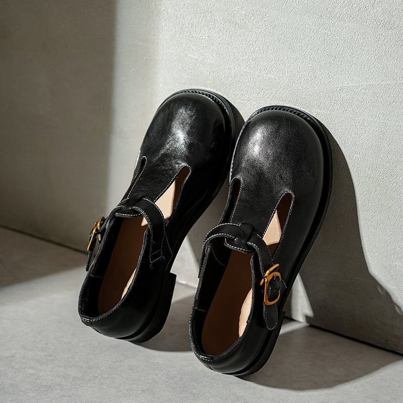 Round Toe T-Strap Buckle Flat Mary Janes