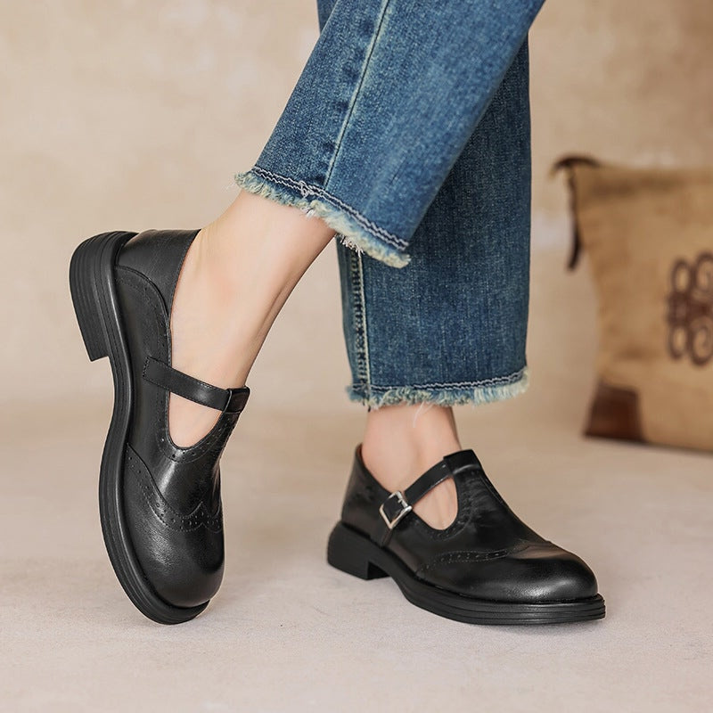 Round Toe T-Strap Buckle Brogue Mary Jane Flats
