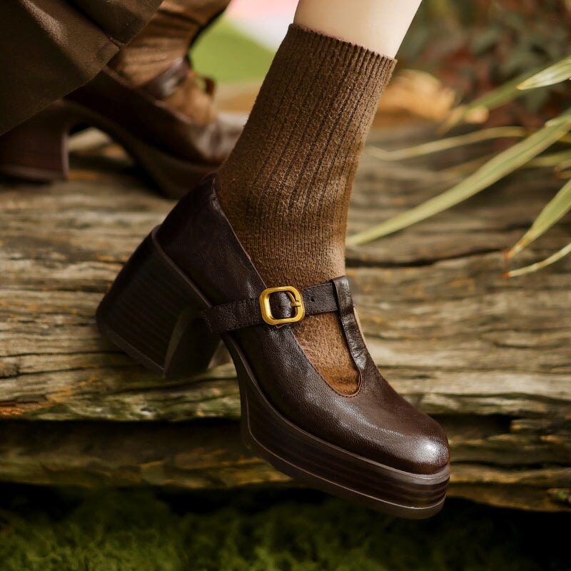 Round Toe T-Strap Platform Block Heel Mary Jane Pumps