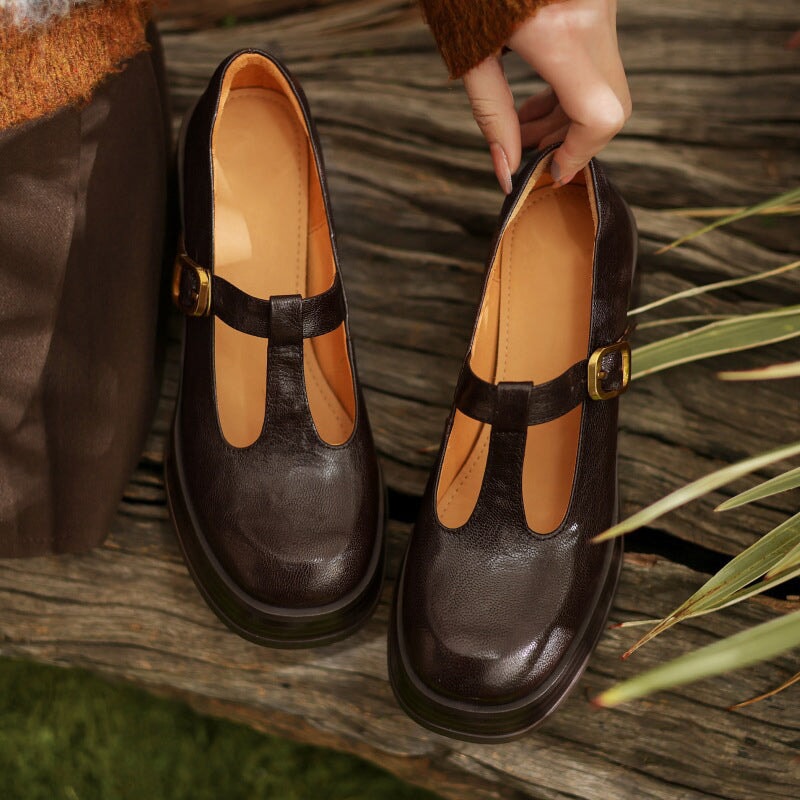 Round Toe T-Strap Platform Block Heel Mary Jane Pumps