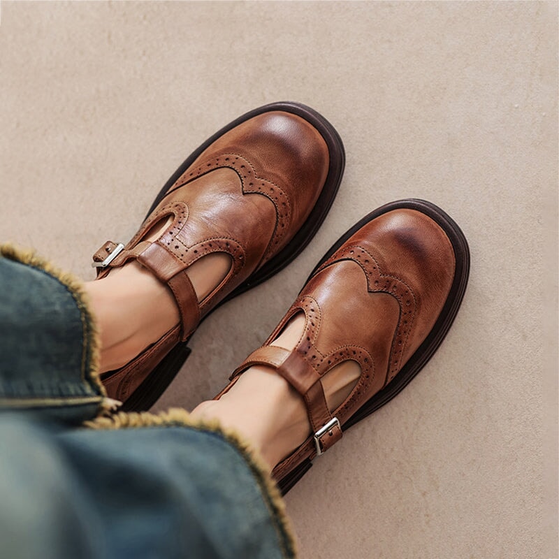 Round Toe T-Strap Buckle Brogue Mary Jane Flats