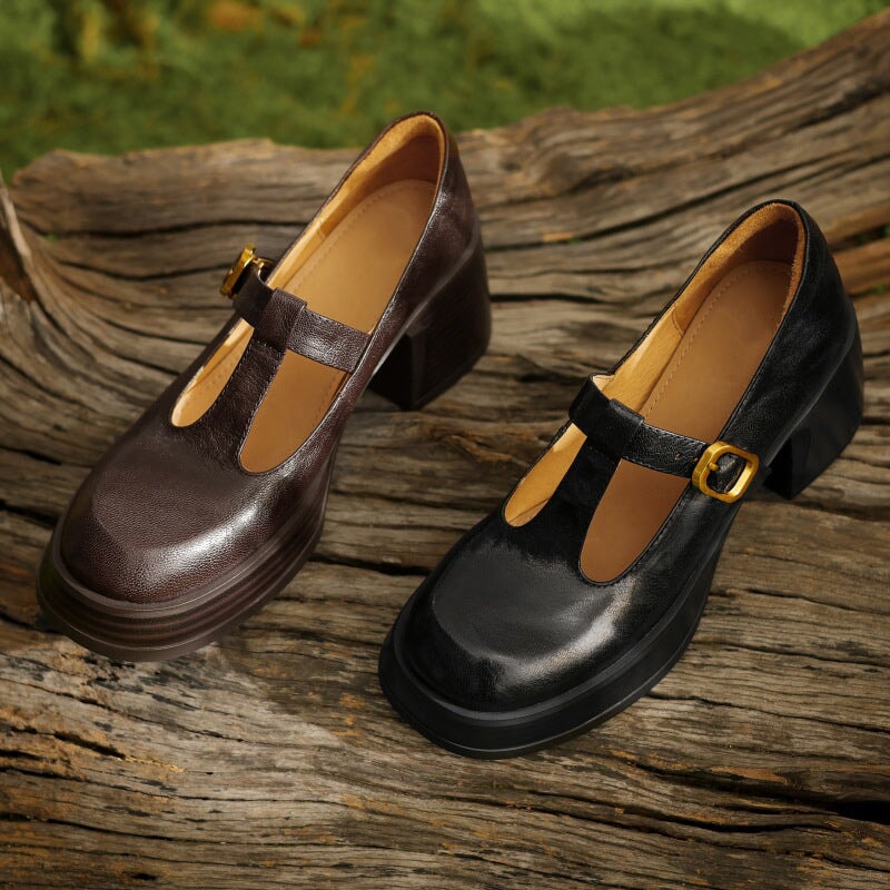Round Toe T-Strap Platform Block Heel Mary Jane Pumps