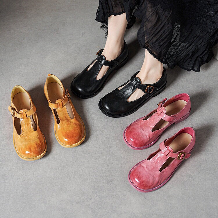 Round Toe T-Strap Buckle Flat Mary Janes