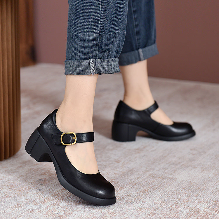 Round Toe Buckle Strap Platform Block Heel Mary Jane Pumps