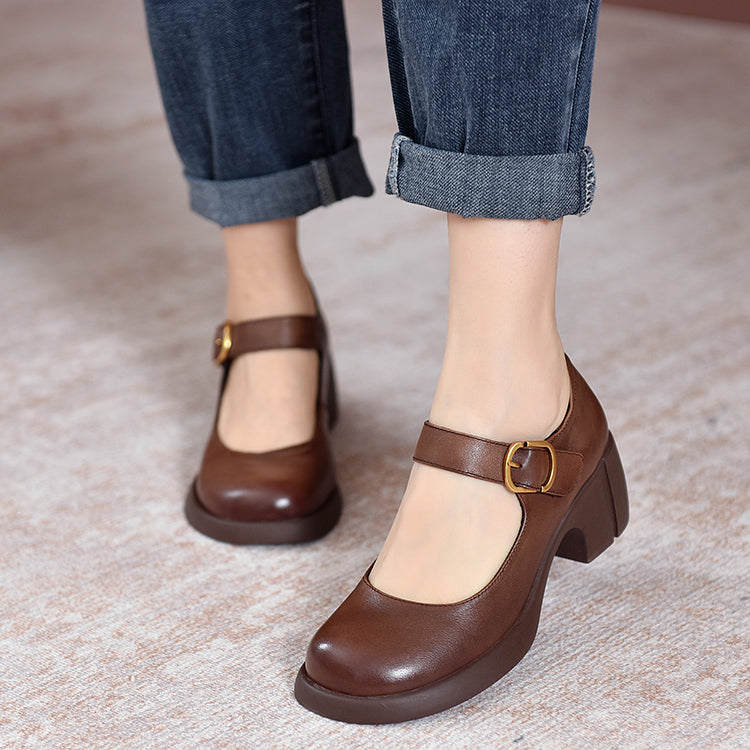 Round Toe Buckle Strap Platform Block Heel Mary Jane Pumps