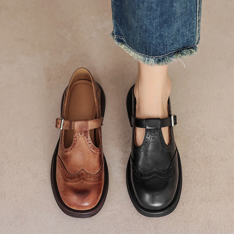T-Strap Brogue Buckle Mary Jane Flats