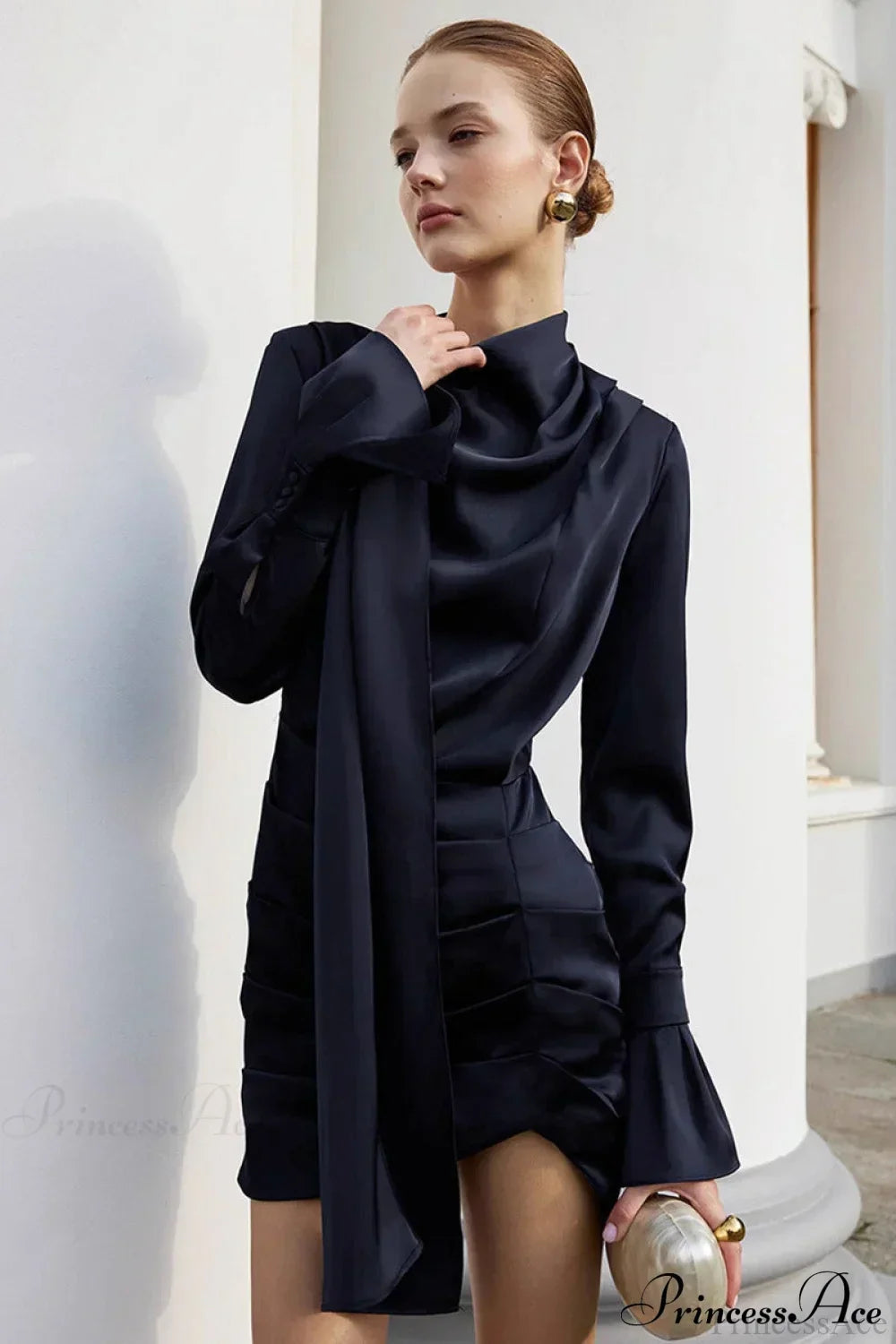 Satin Draped High Neck Long Flare Sleeve Ruched Mini Dress