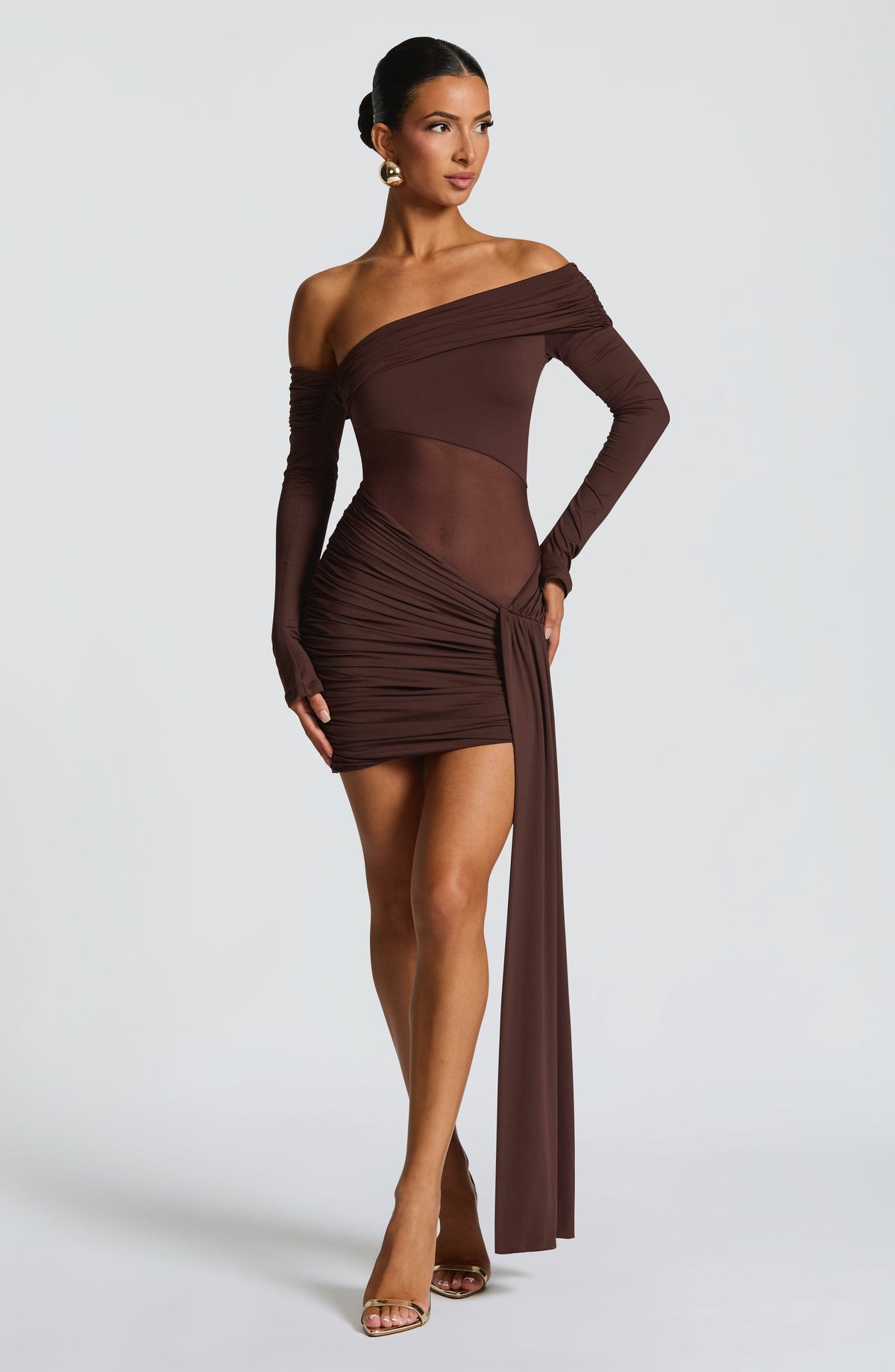 Off Shoulder Long Sleeve Sheer Panel Draped Sash Mini Dress 4