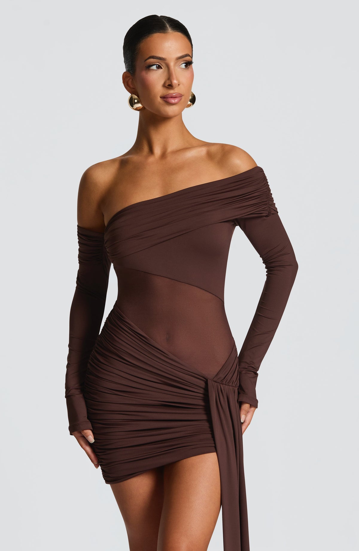 Off Shoulder Long Sleeve Sheer Panel Draped Sash Mini Dress 9