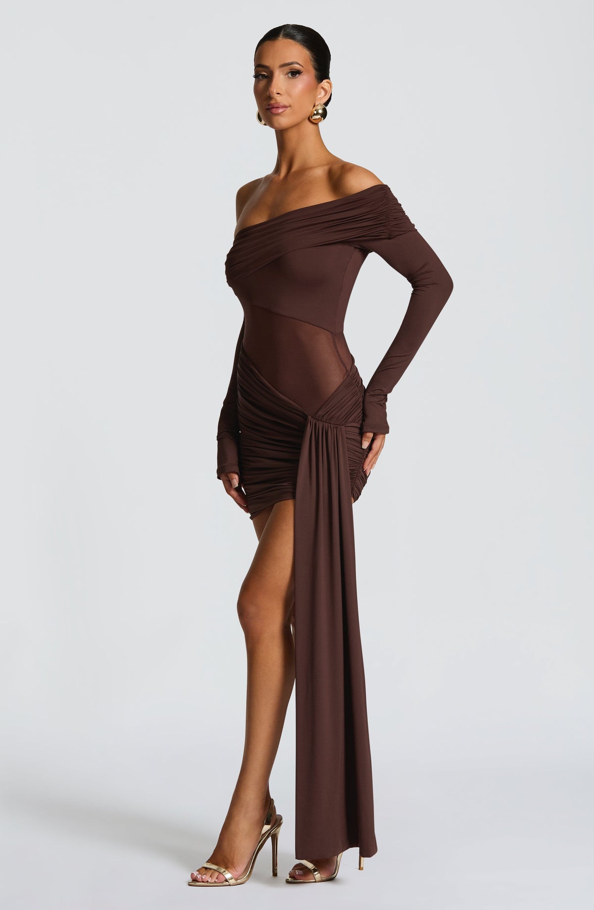 Off Shoulder Long Sleeve Sheer Panel Draped Sash Mini Dress 6