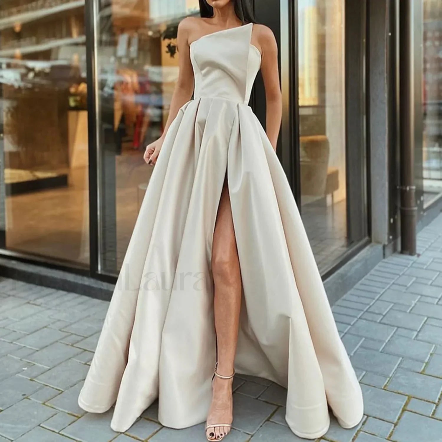 Maxi For Women Solid Color One Shoulder Sleeveless Side Slit Elegant Plus Size Curvy Prom Dress