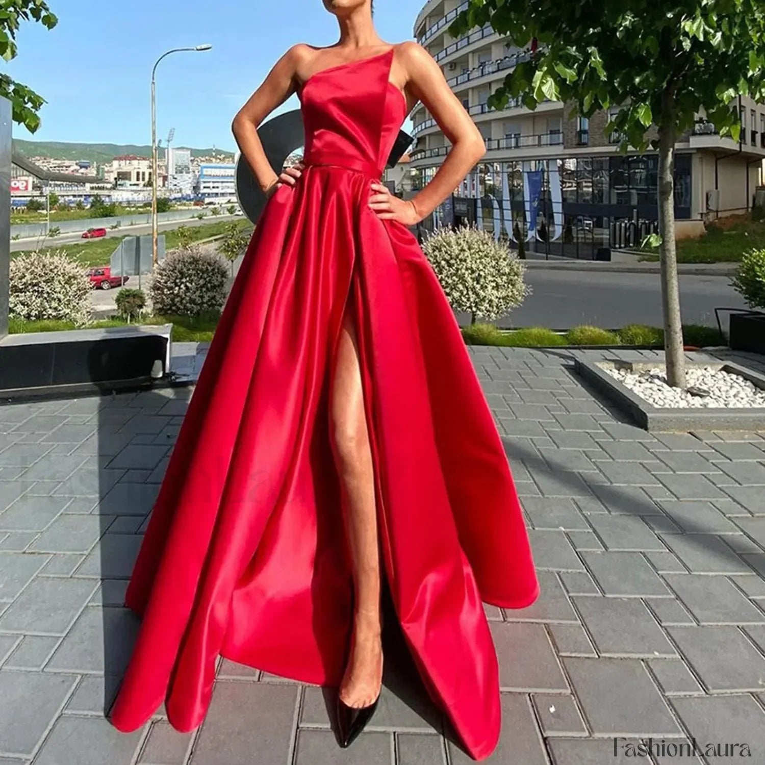 Maxi For Women Solid Color One Shoulder Sleeveless Side Slit Elegant Plus Size Curvy Prom Dress