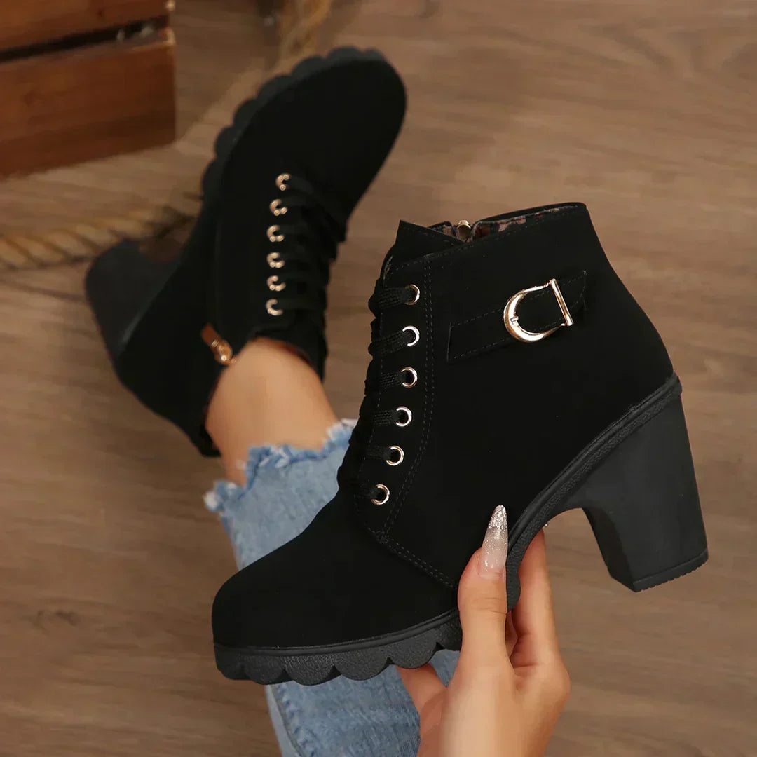 Suede Look Lace Up Buckle Platform Block Heel Ankle Boots