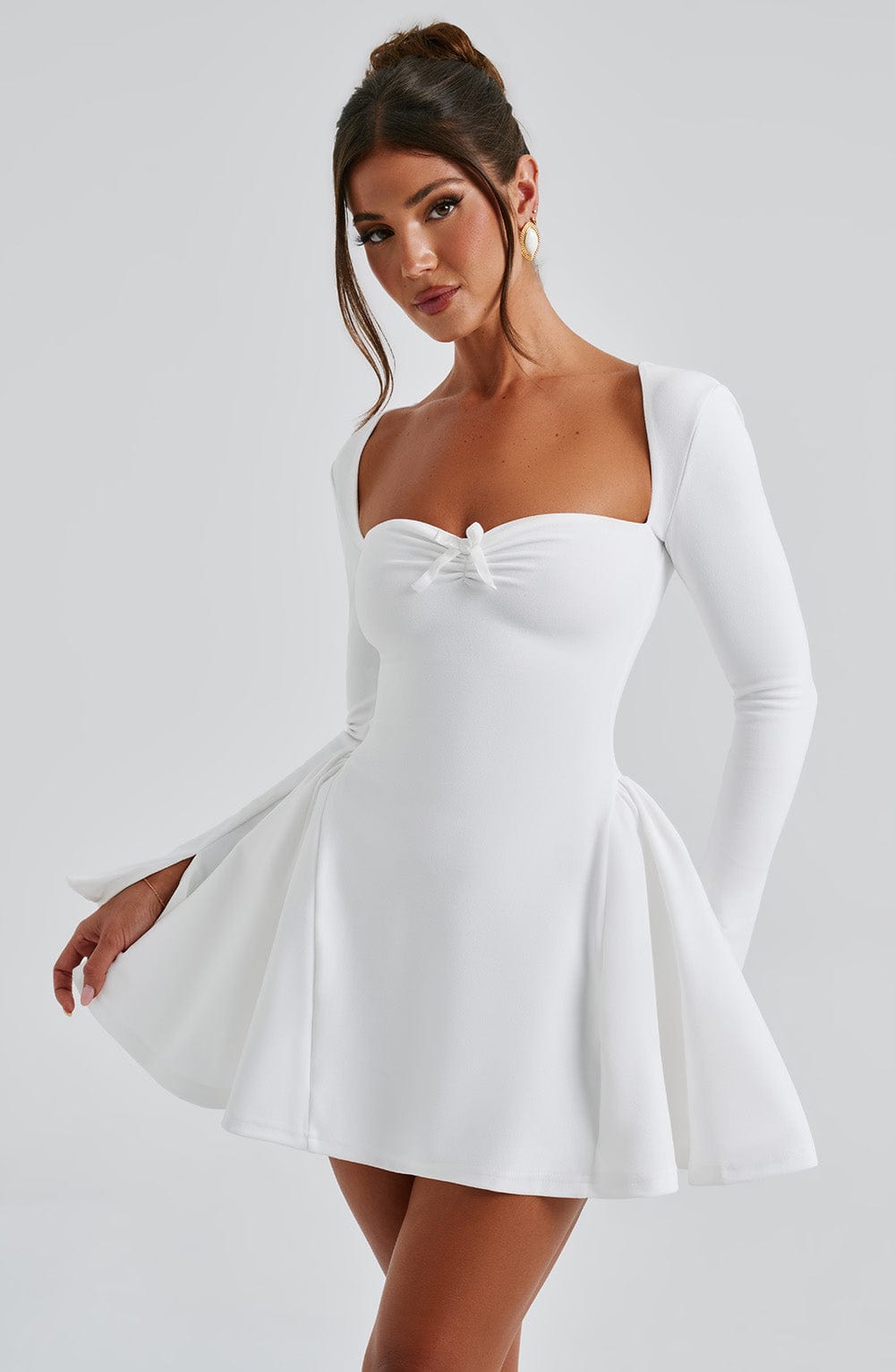 Sweetheart Neck Long Sleeve Knot Bust Flared Skater Mini Dress 8