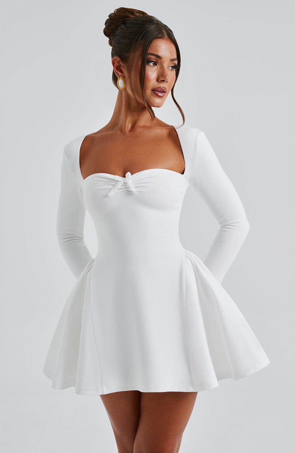 Sweetheart Neck Long Sleeve Knot Bust Flared Skater Mini Dress 7