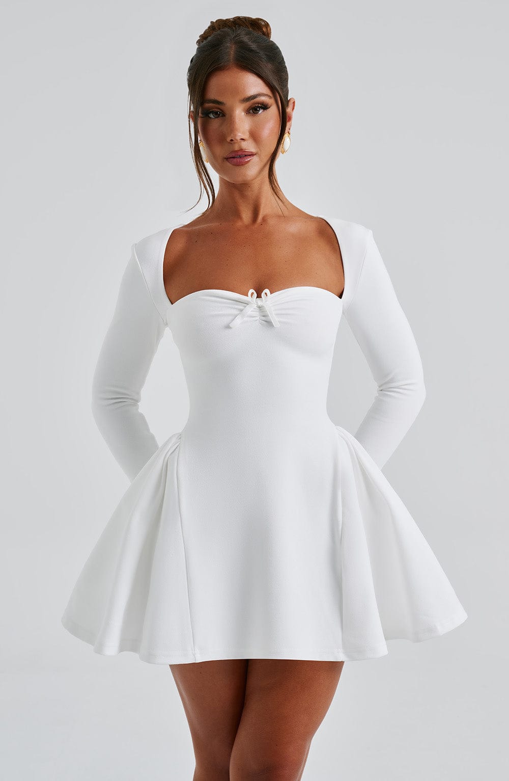 Sweetheart Neck Long Sleeve Knot Bust Flared Skater Mini Dress 4