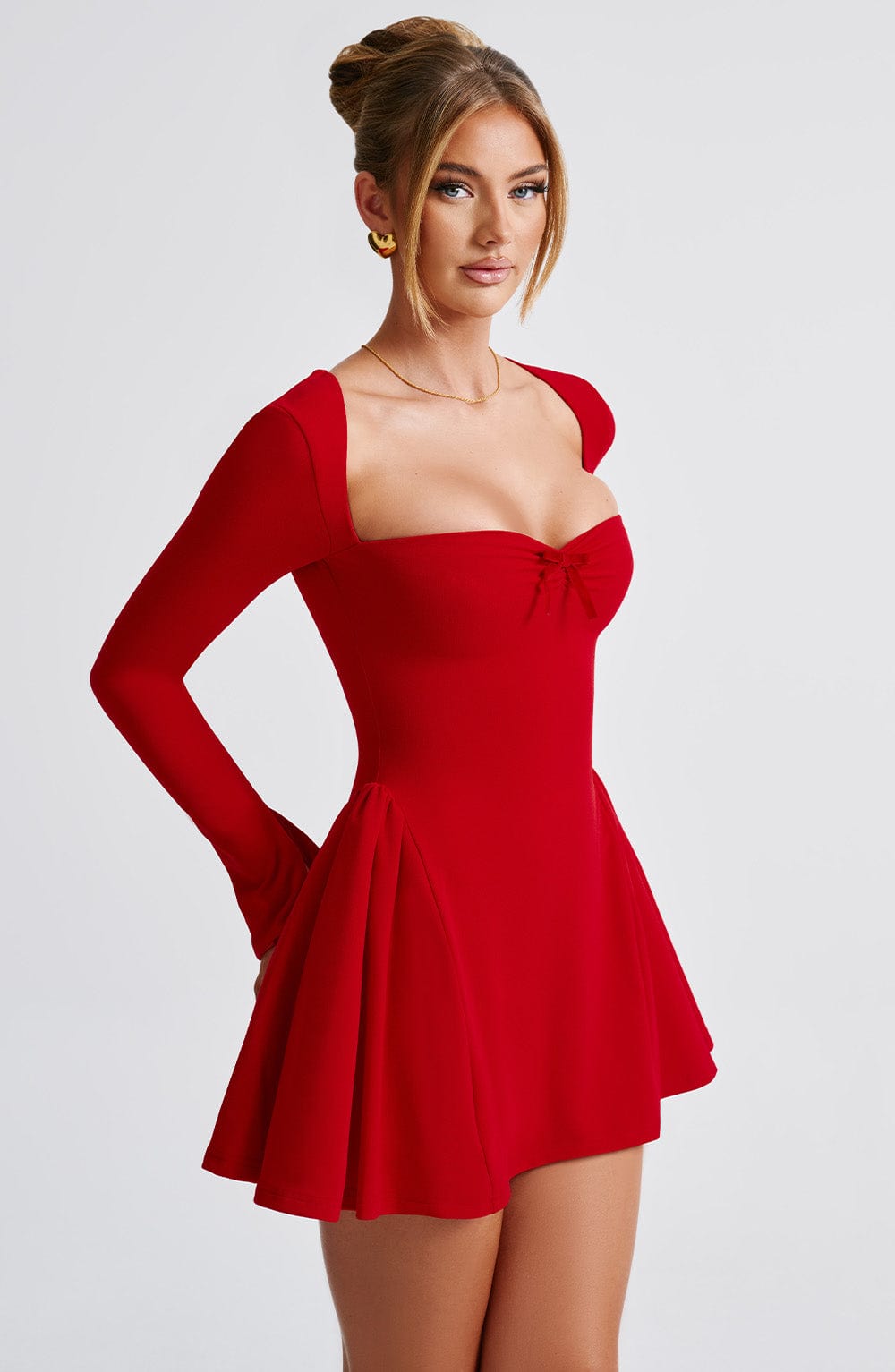 Sweetheart Long Sleeve Bow Fit and Flare Mini Dress 7