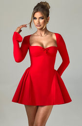 Sweetheart Long Sleeve Bow Fit and Flare Mini Dress 14