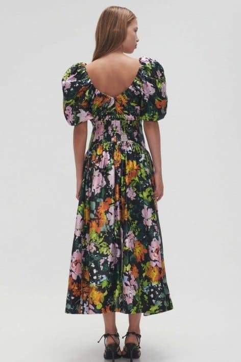 Exclusive Xaviera Printed Midi Dress with V Neck and Puff Sleeves Premium Wardrobe Essential