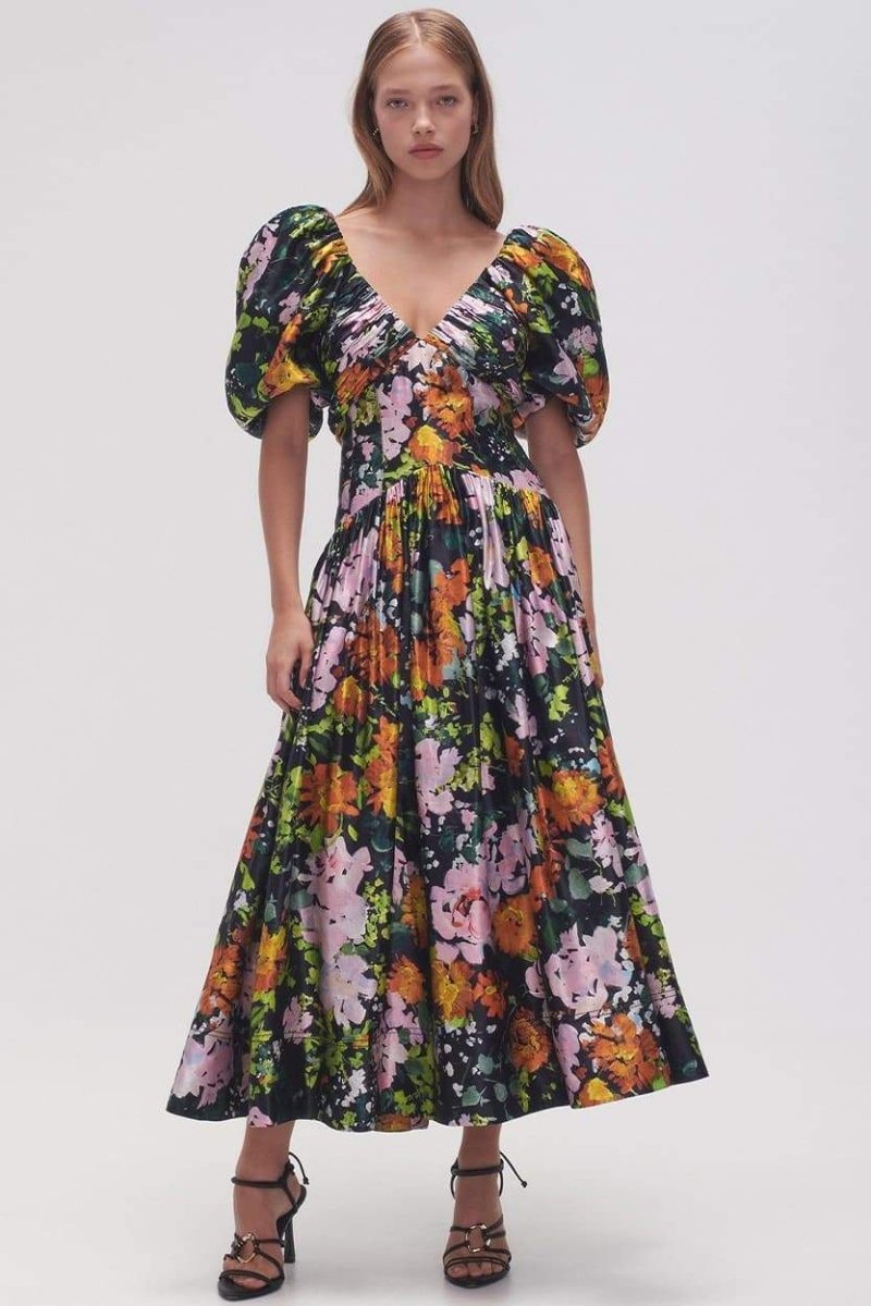 Exclusive Xaviera Printed Midi Dress with V Neck and Puff Sleeves Premium Wardrobe Essential