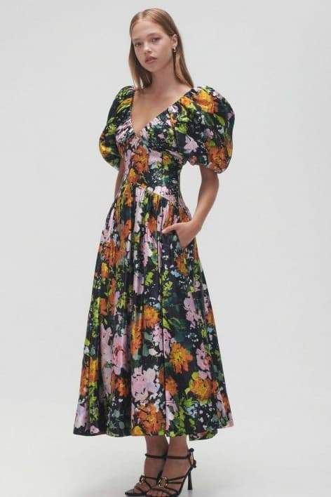 Exclusive Xaviera Printed Midi Dress with V Neck and Puff Sleeves Premium Wardrobe Essential