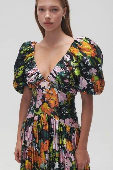 Premium Melisa Printed Midi Dress with V Neck and Puff Sleeves Elevated Occasion Wear