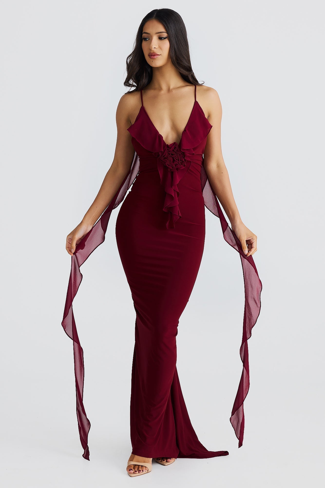 Deep V-Neck Spaghetti Strap Ruffle Mermaid Maxi Gown 8