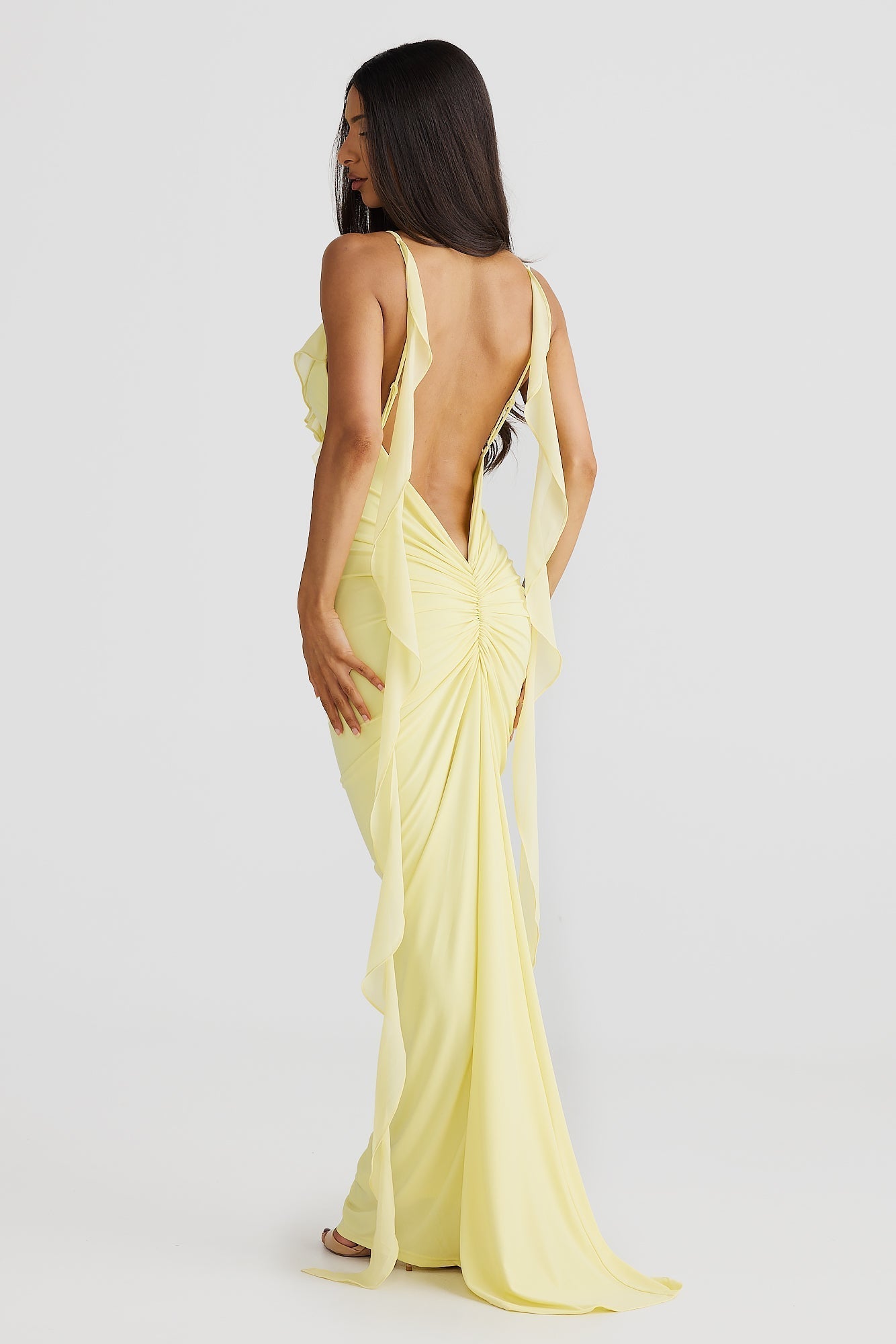 Deep V-Neck Spaghetti Strap Ruffle Mermaid Maxi Gown 3