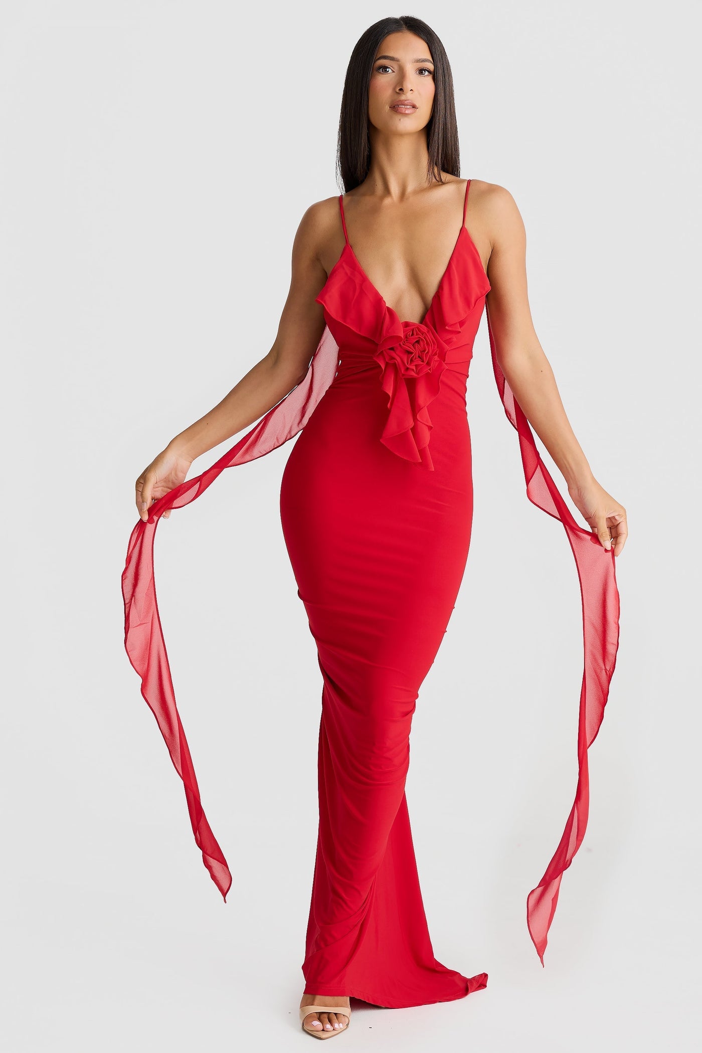 Deep V-Neck Spaghetti Strap Ruffle Mermaid Maxi Gown 4