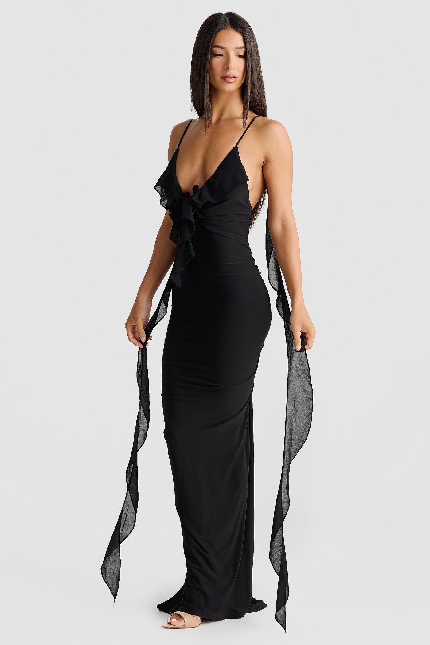 Deep V-Neck Spaghetti Strap Ruffle Mermaid Maxi Gown 6