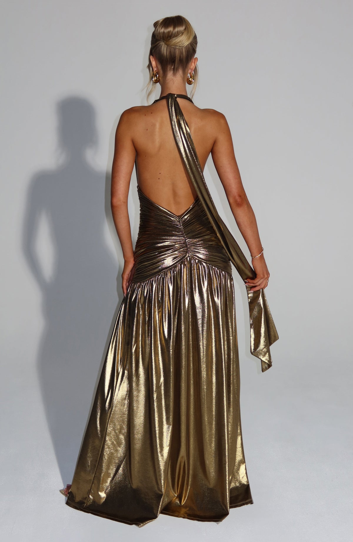 Metallic Halter Plunge Neck Ruched Waist High Split Maxi Dress 2