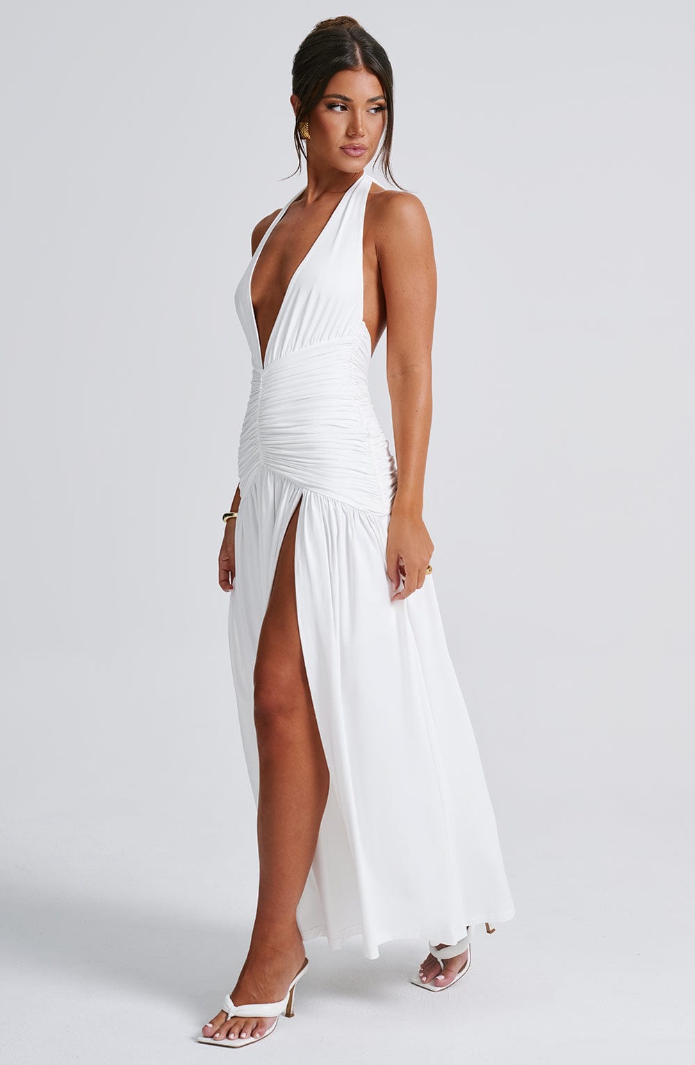Halter Neck Deep V Ruched High Split Maxi Dress 12