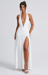 Halter Neck Deep V Ruched High Split Maxi Dress 10