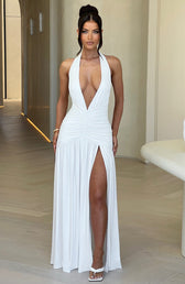 Halter Neck Deep V Ruched High Split Maxi Dress 6