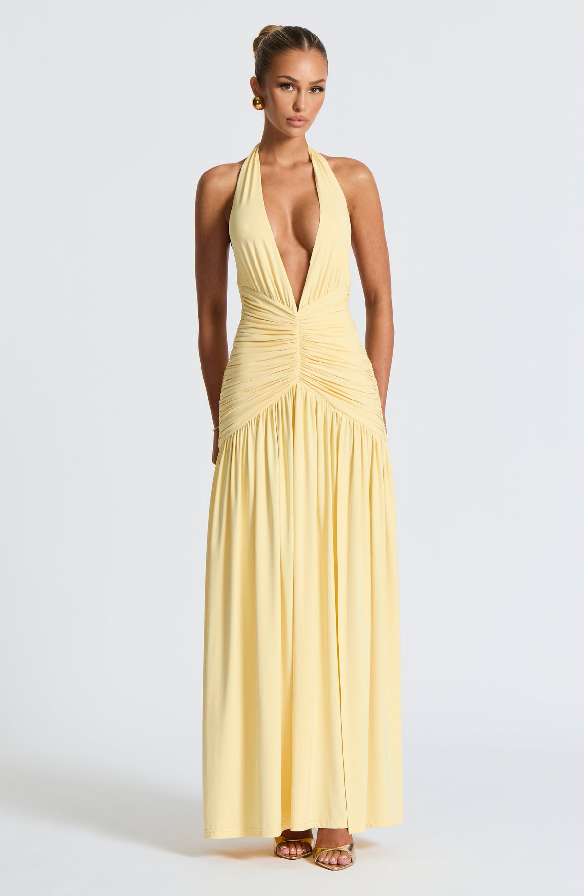 Halter Plunge V-Neck Ruched Waist High Split Flowy Maxi Dress 8