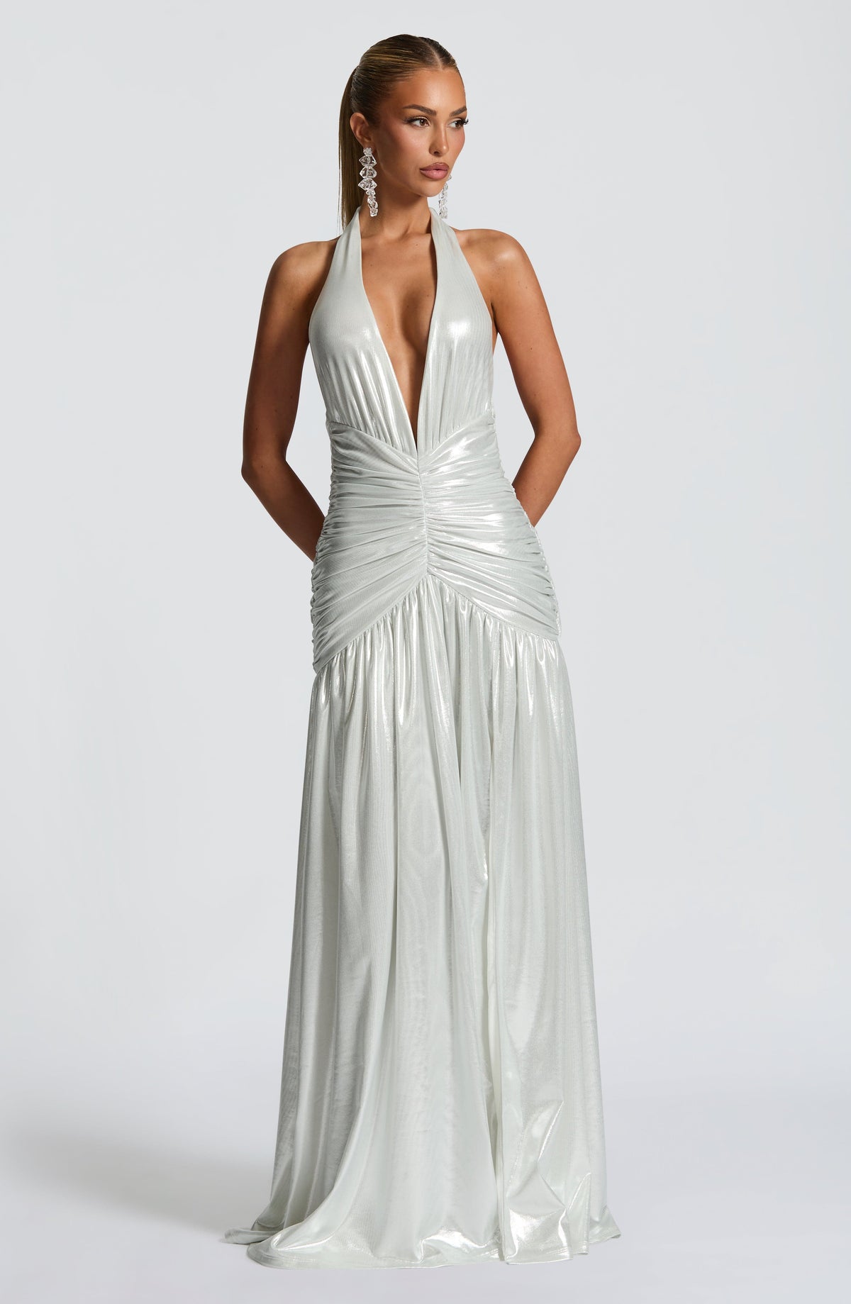 Metallic Plunge Halter Neck Ruched Waist High Split Maxi Gown 8
