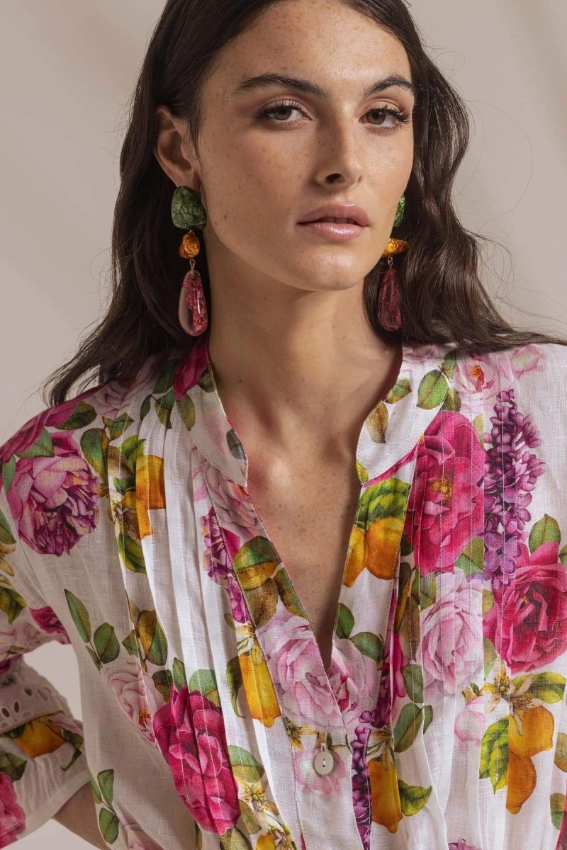 Floral Print V-Neck Pintuck Button Front Eyelet Sleeve Dress