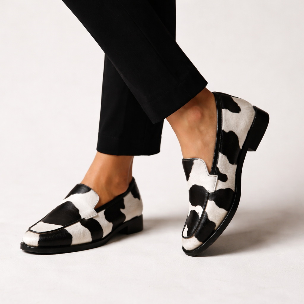 Cow Print Pointed Toe Flat Loafers