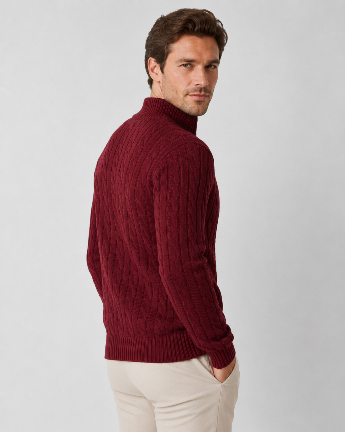 Men's Cable Knit Quarter-Zip Mock Neck Sweater
