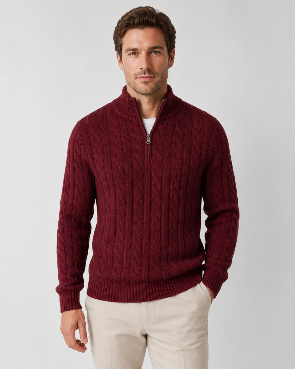 Men's Cable Knit Quarter-Zip Mock Neck Sweater