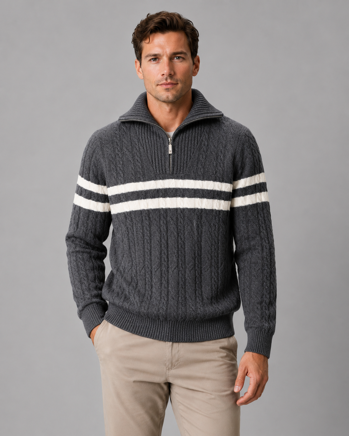 Men's Cable Knit Quarter-Zip Sweater - Stripe Panel