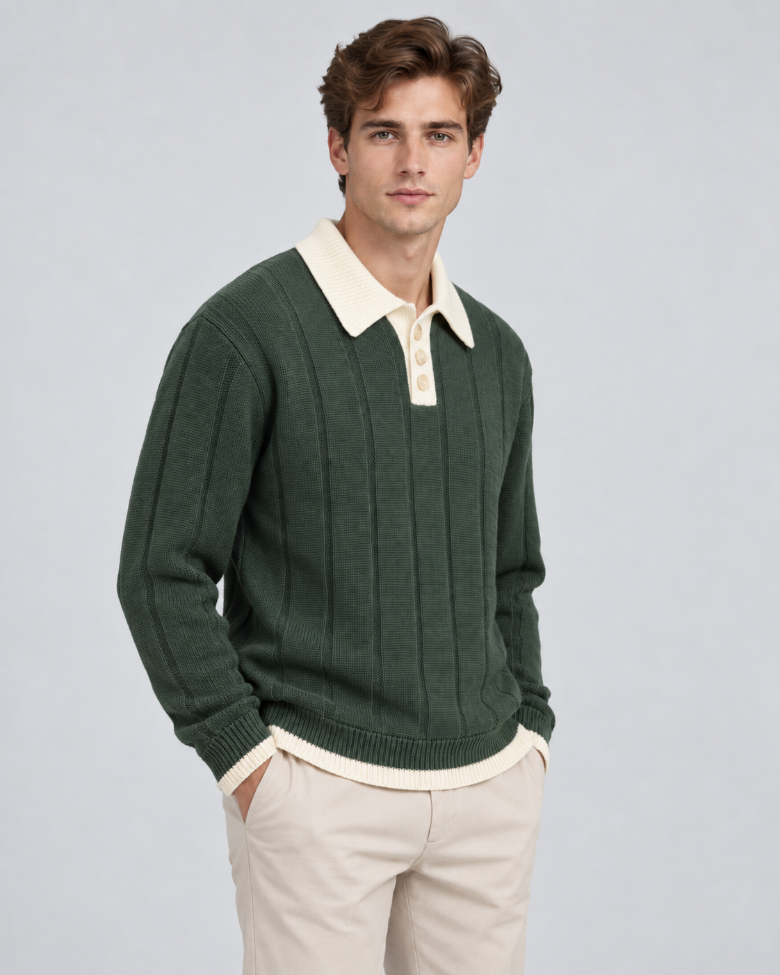 Men's Contrast Collar Polo Sweater - Ribbed Knit Regular Fit