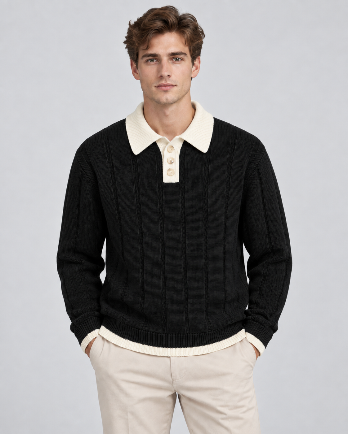 Men's Contrast Collar Polo Sweater - Ribbed Knit Regular Fit